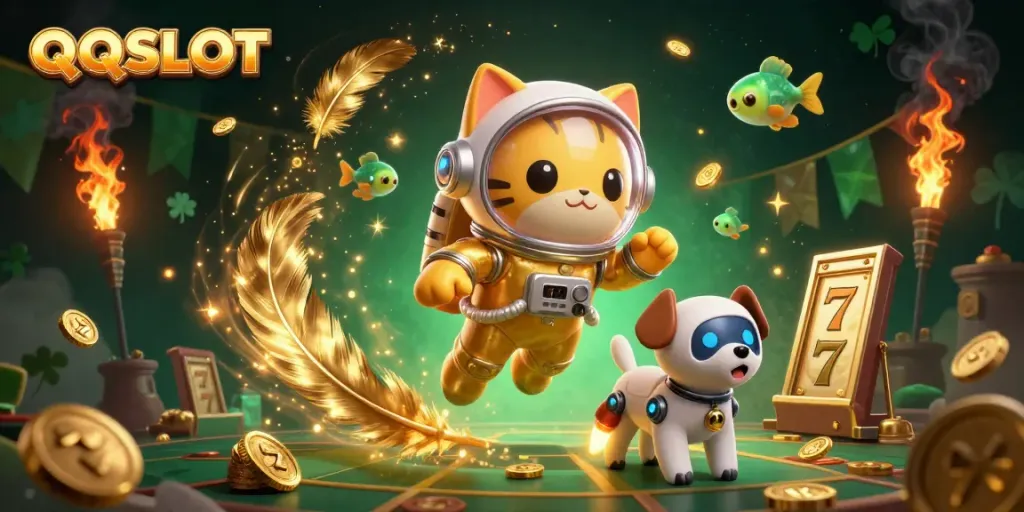 Engage in QQSLOT action with a cosmic scene featuring a golden astronaut cat and a robot dog amidst dynamic gambling elements.