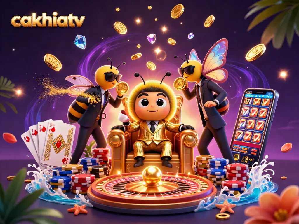 Cakhiatv showcases a dynamic 3D casino illustration with buzzing characters and vibrant game elements.