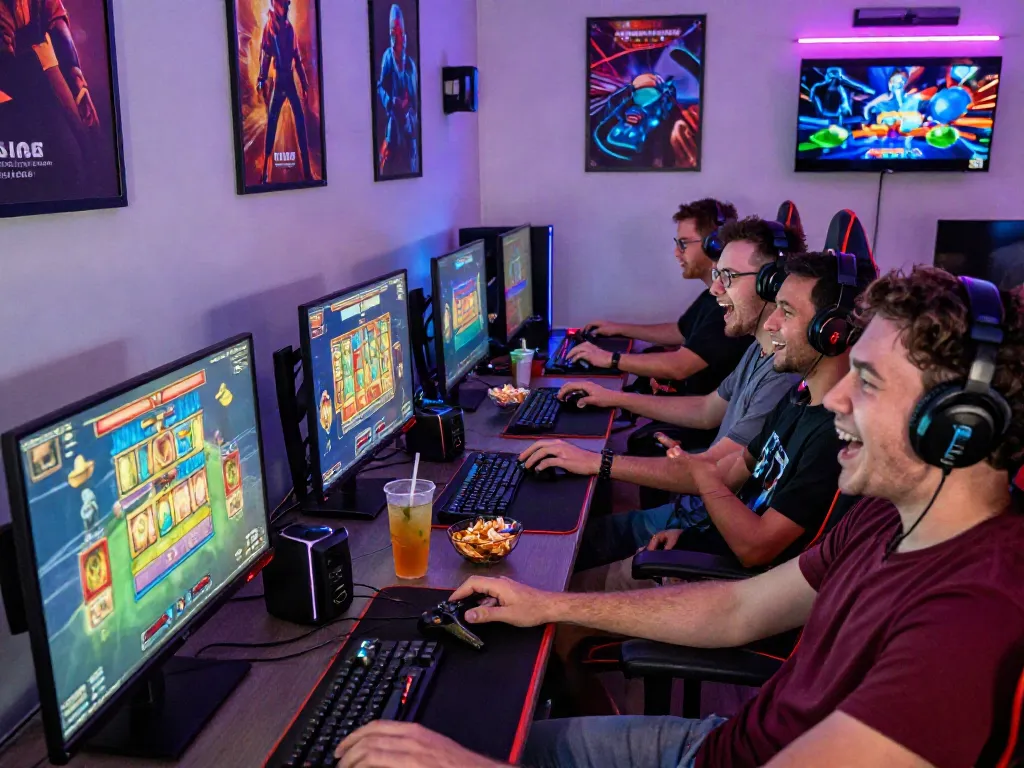 Friends enjoying slot gacor games in a lively gaming room setting