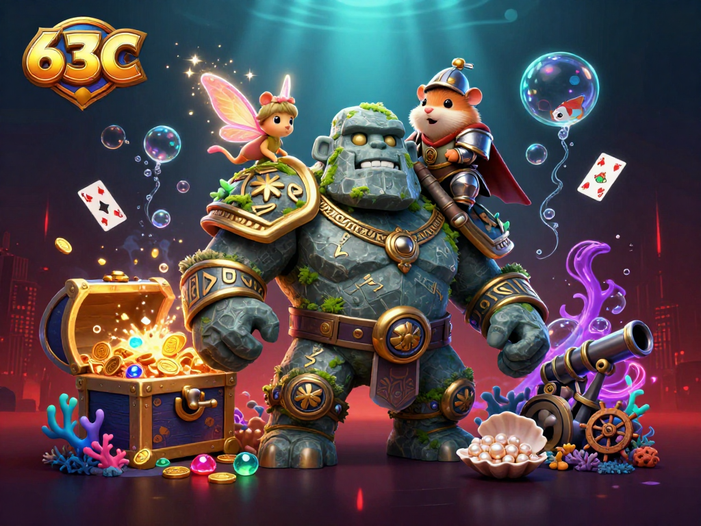 Arte digital 3D vibrante capturando a magia do cassino 63C com um golem guardião e um hamster cavaleiro.