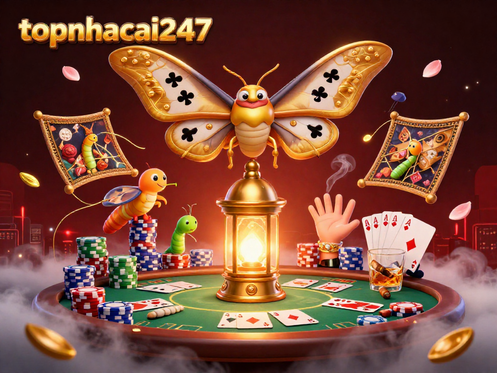 Experience thrilling gambling with topnhacai247 as an atlas moth and casino elements create captivating scenes.