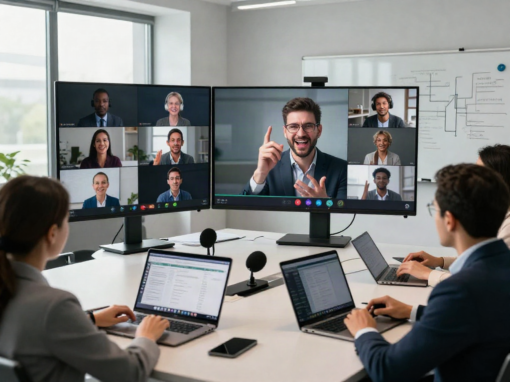 Deepfake-protected meetings with professionals collaborating in a modern conference room.