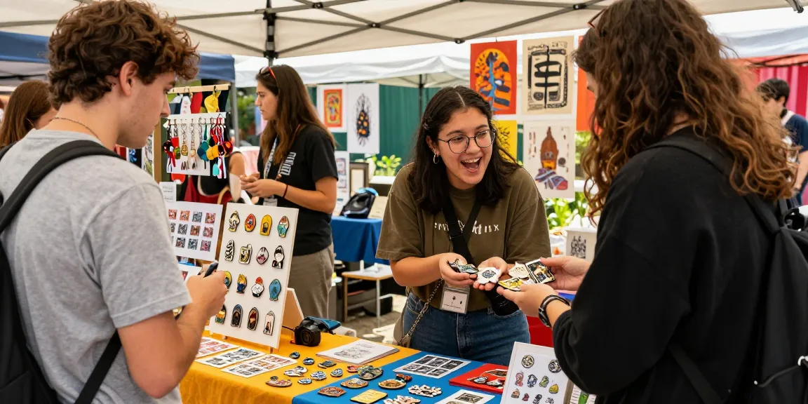 Custom enamel pins displayed at a vibrant art market, showing unique designs and community engagement.