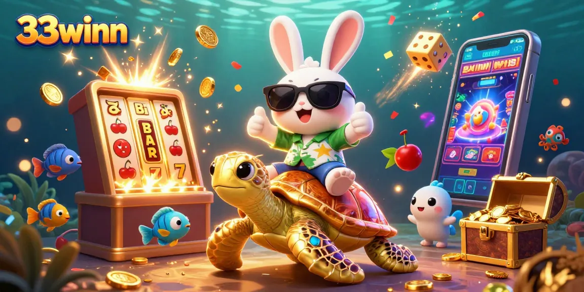 Experience the thrill of 33winn as the lucky rabbit rides a golden turtle amid vivid gambling elements.