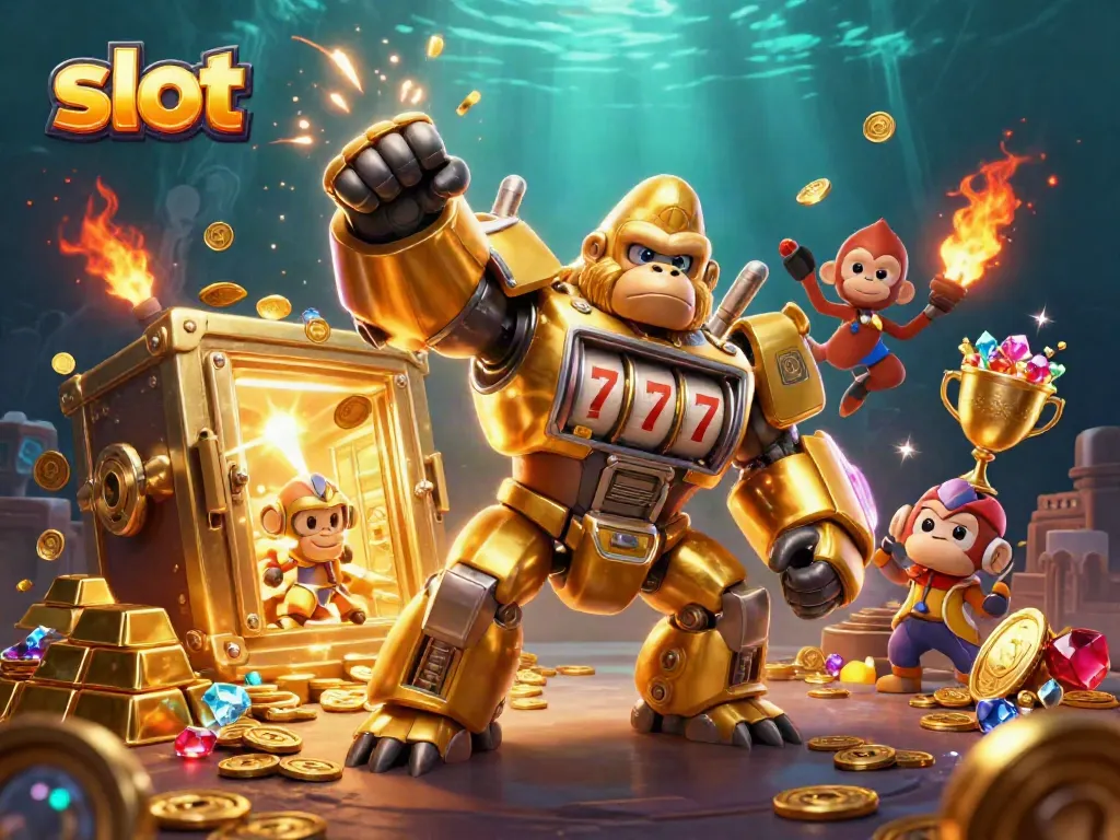 Permainan slot yang mengasyikkan dengan mesin slot karakter gorila dan harta karun berkilauan.