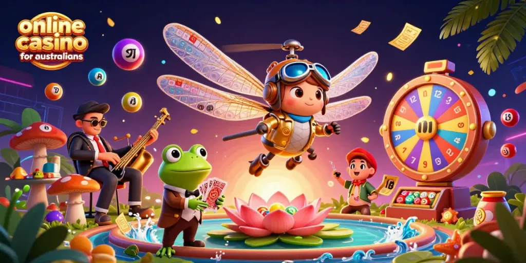 Experience the excitement of an online casino for australians featuring vibrant characters and dynamic game elements.