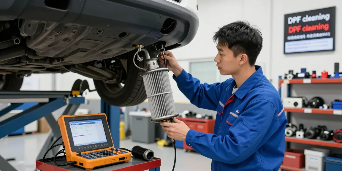 Professionelle DPF Reinigung Hannover in Auto-Werkstatt mit Mechaniker und DPF-Filter