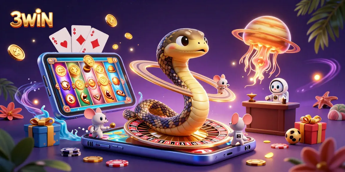 Engage with 3WIN's thrilling gaming universe depicting a vibrant cosmic casino scene.