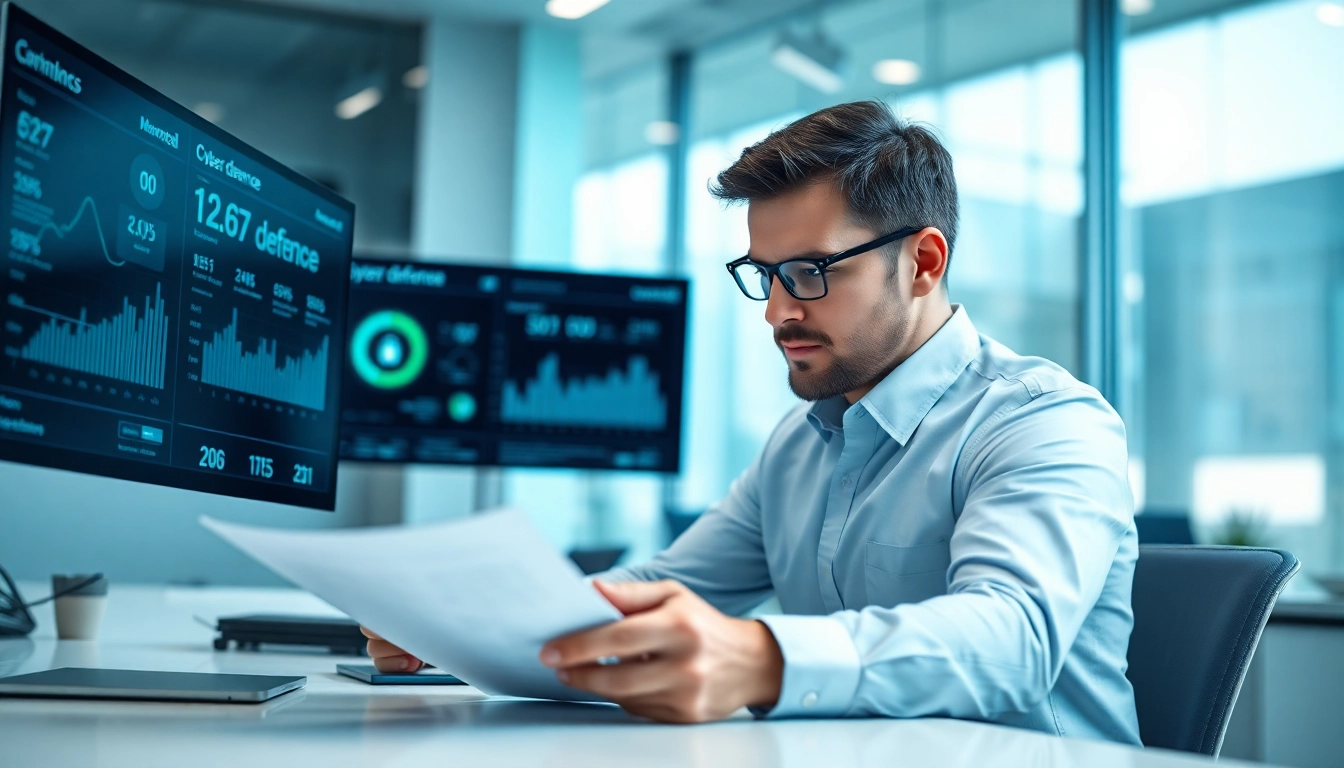 Cyber essentials assessor analyzing data at a modern office setup.