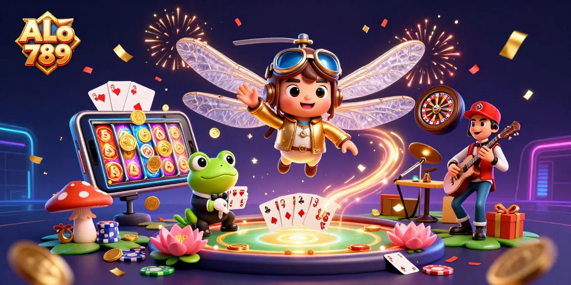 Join ALo 789 for thrilling gambling activities at an exciting casino scene featuring colorful games and joyful characters.