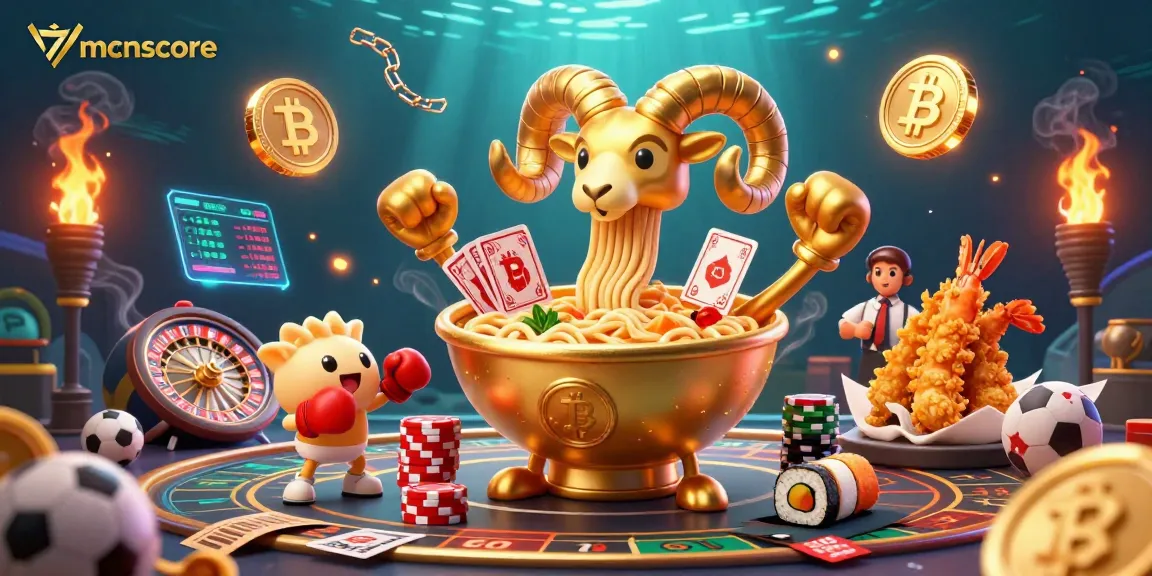 Engage with 7mcnscore's vibrant casino scene featuring cartoon characters and crypto elements.