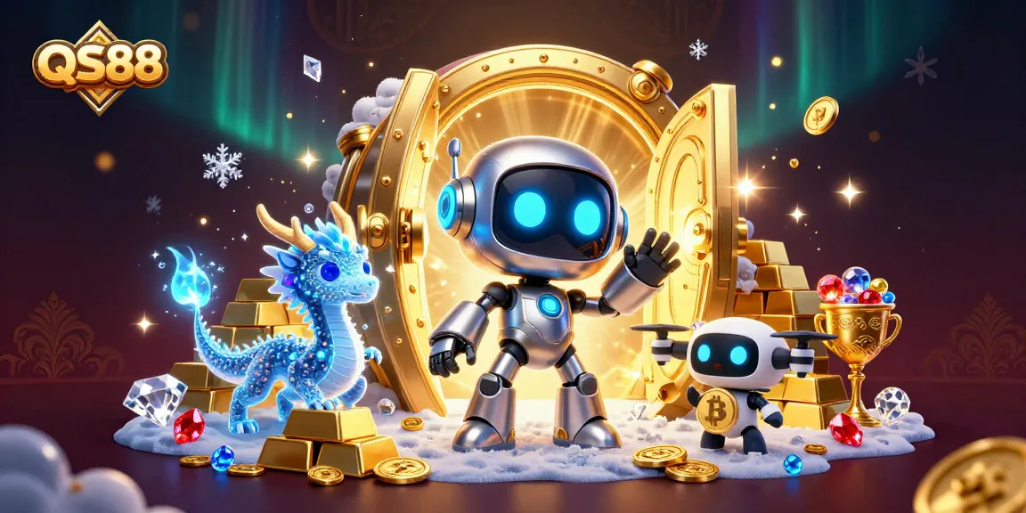 Experience the excitement of gaming with QS88 as a cyberpunk robot mascot and holographic dragon in a lively casino scene.
