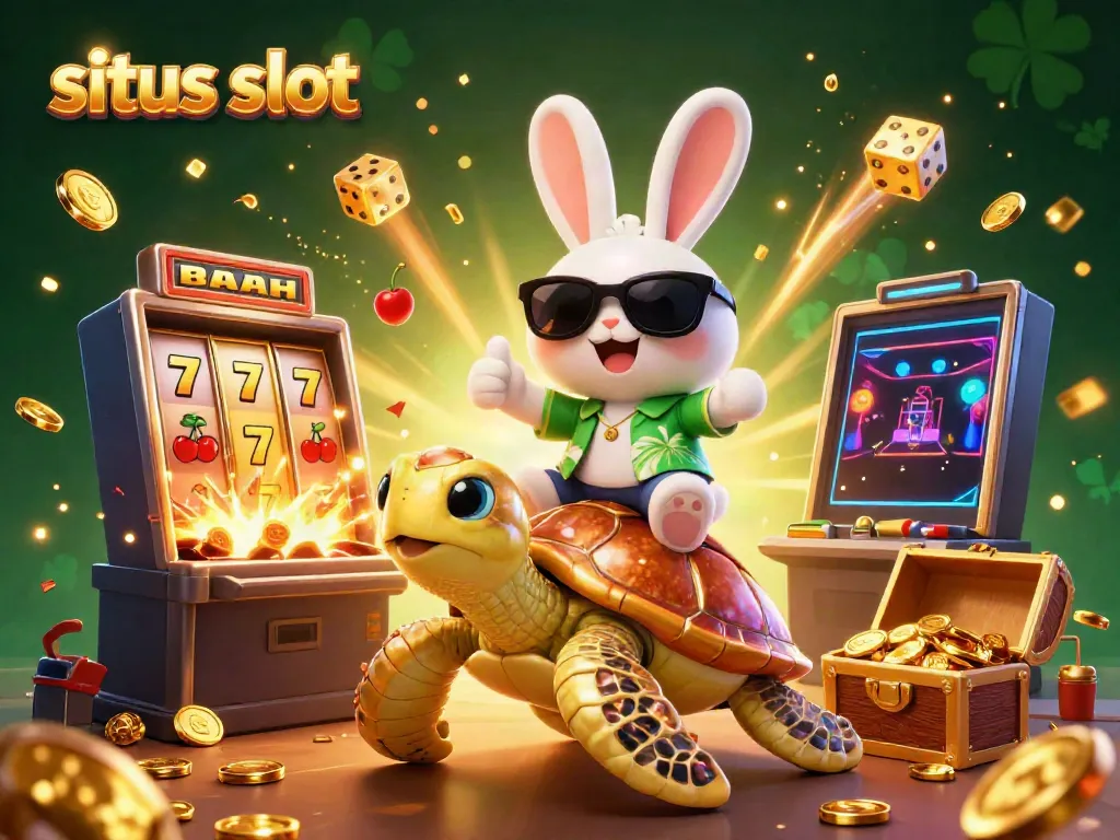 Situs slot promotional illustration featuring a lucky rabbit and golden turtle with dynamic slot game elements.