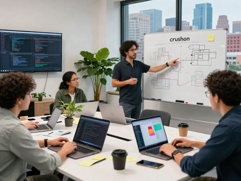 Developers collaborating on the crushon software project in a bright workspace.