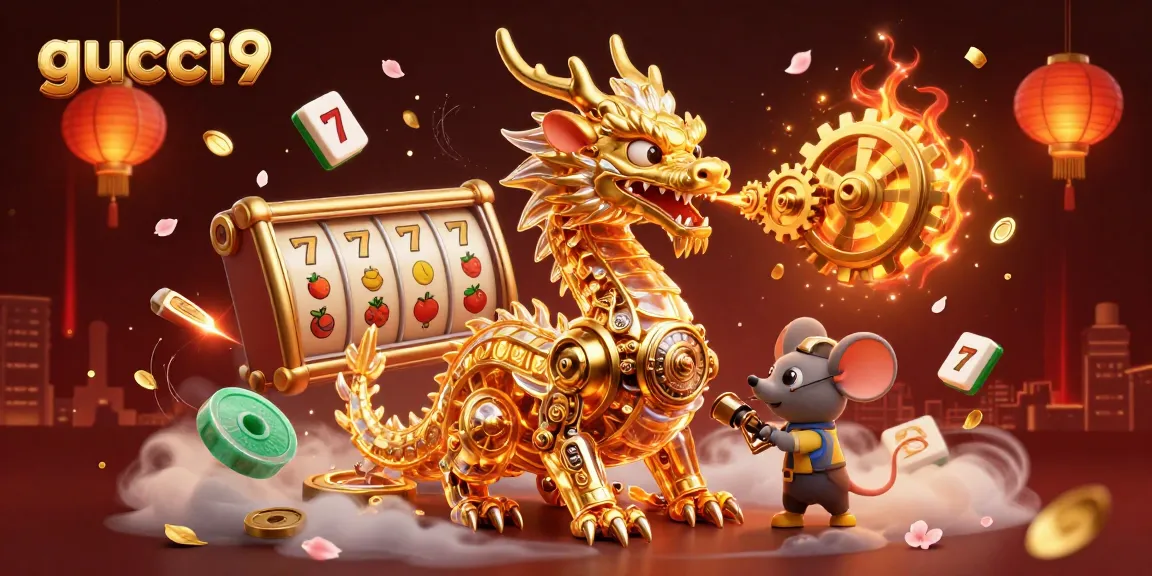 Win big at gucci9 with an immersive gaming experience featuring vibrant slot machines and a golden dragon.