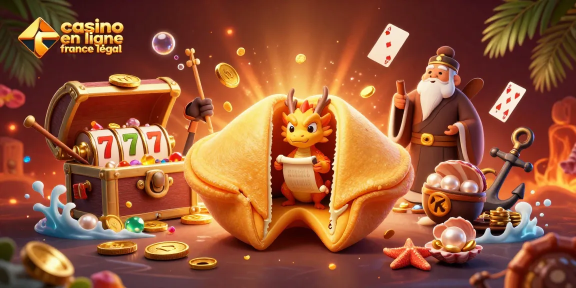 Illustration animée représentant un cookie de fortune géant, gardé par des dragons sages, évoquant un casino en ligne légal en France.