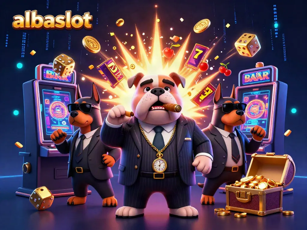 ALBASLOT terinspirasi ilustrasi kasino 3D menampilkan karakter kartun mafia dan elemen permainan yang menakjubkan.