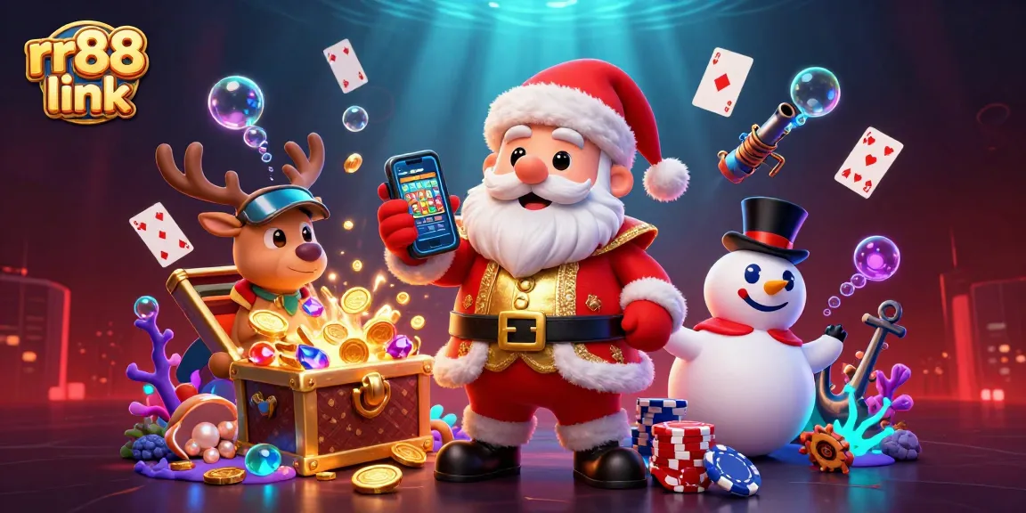 Engage with rr88 link in this vibrant casino scene featuring Santa, reindeer, and snowman.