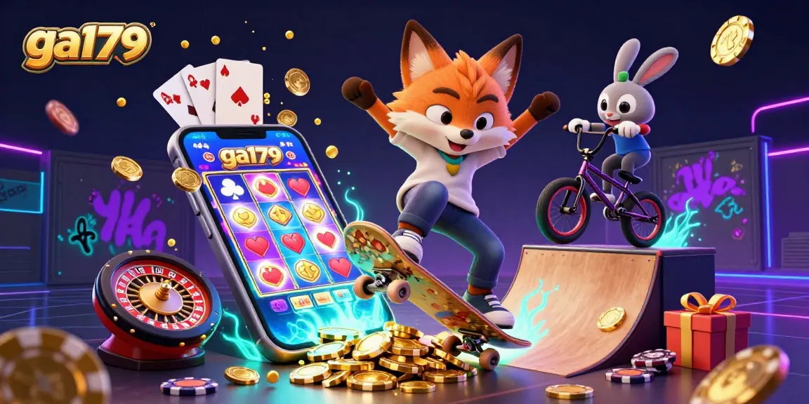 Experience vibrant gaming action with ga179 in a dynamic 3D scene featuring a fox, rabbit, and casino symbols.