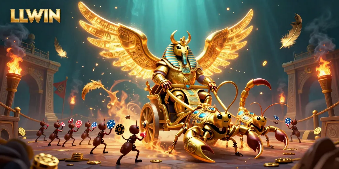 Engage in thrilling wins at LLWIN with a stunning scene of a golden scarab on a casino chariot.