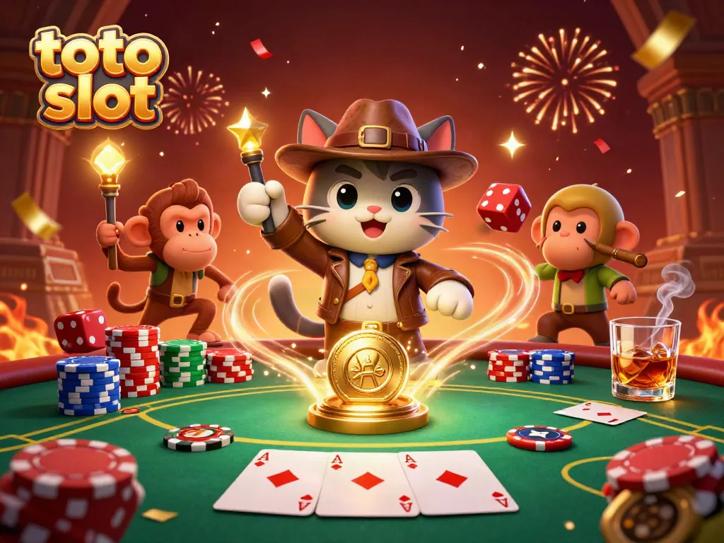 Menggenggam kemenangan dengan toto slot sambil menjelajahi artefak kasino kuno dalam ilustrasi 3D.