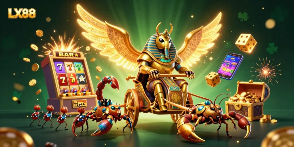 Spin the reels with LX88 and win big in this vibrant casino adventure scene.