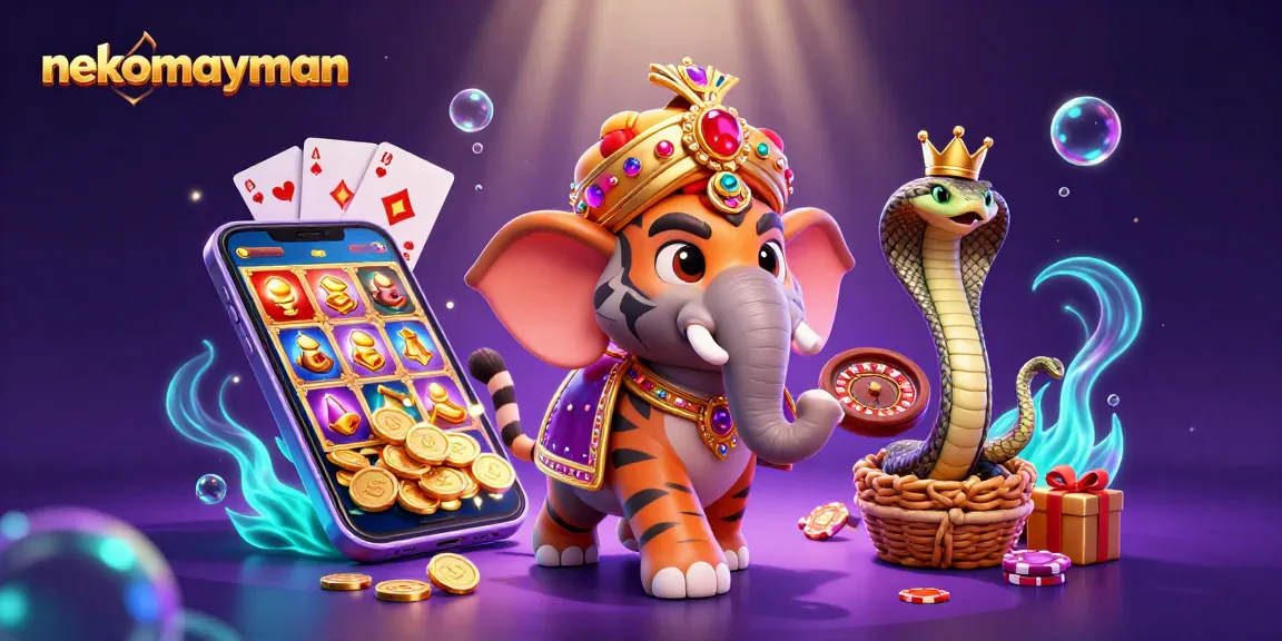 Play slots and win big with nekomayman, featuring a vibrant illustration of a 3D tiger and a jewel-encrusted elephant.