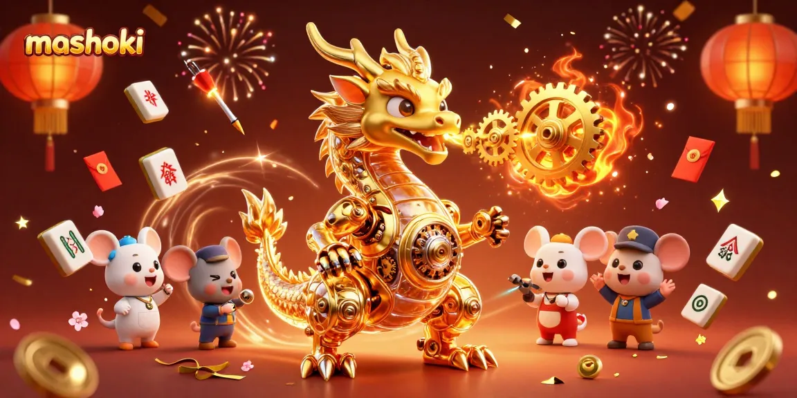Mashoki's golden dragon breathes gears in a vibrant, energetic casino scene filled with festive elements.