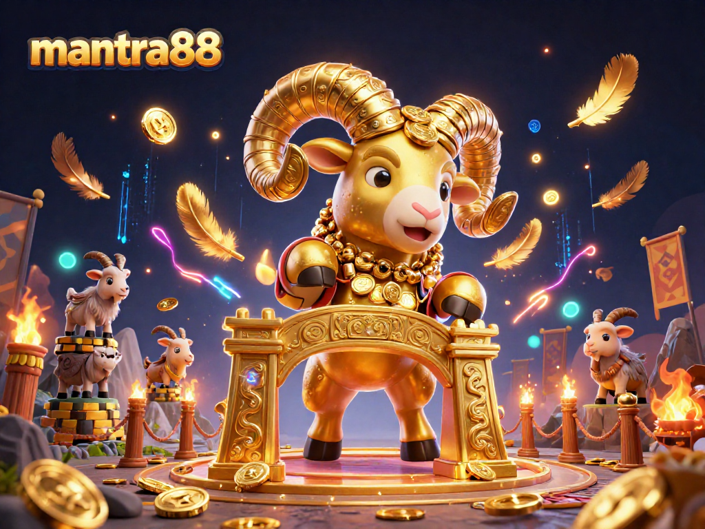 Experience the thrill of mantra88 with a dynamic 3D casino scene featuring a golden ram charging at the gate!