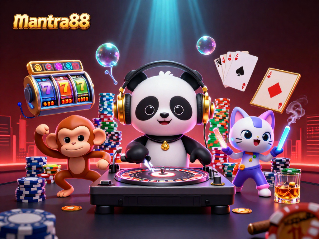Step into the action with mantra88's lively casino scene featuring a DJ panda and vibrant game elements.