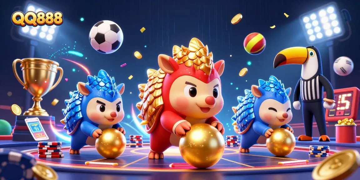 Experience the thrill of QQ888 with rival pangolins rolling into golden balls amidst poker chips!