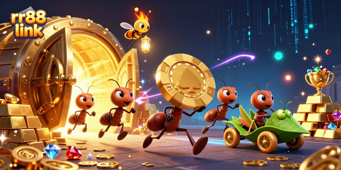 Experience the excitement of rr88 link with ants heisting a giant golden poker chip in a rich casino scene.
