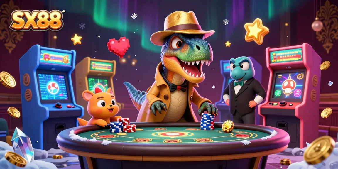 SX88 gaming scene with a velociraptor card counter and colorful arcade machines in a dynamic casino setting
