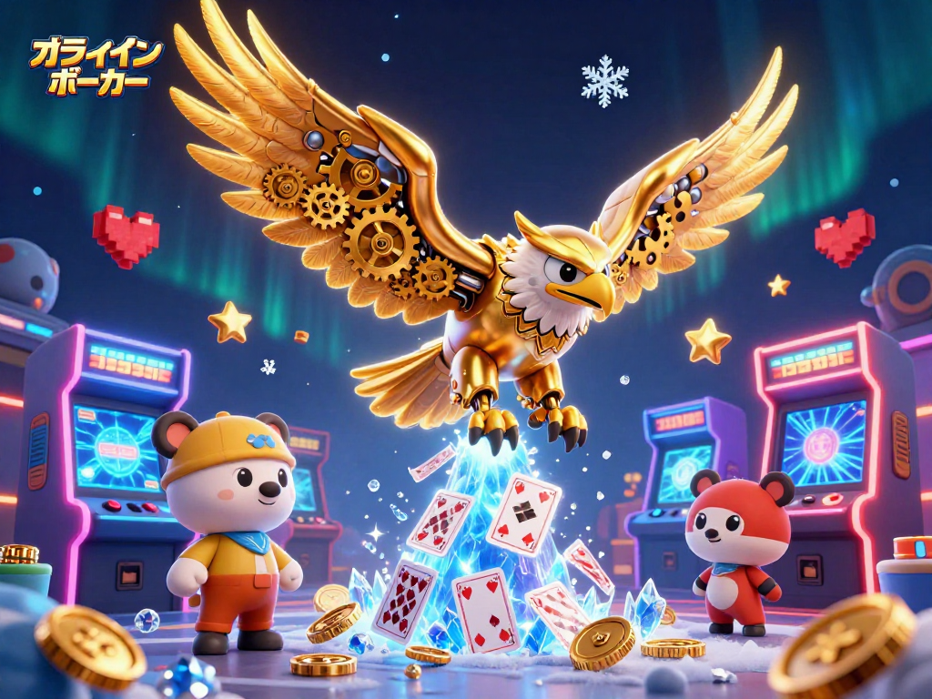 オンラインポーカーのための力強い3Dイラスト、金色の鷲がゲームカードの中を飛び回る。