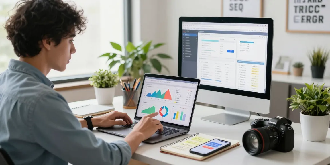 Digital marketing workspace showcasing campaign analysis on https://www.www456bd.com/ with graphs and inspiration in a modern office.