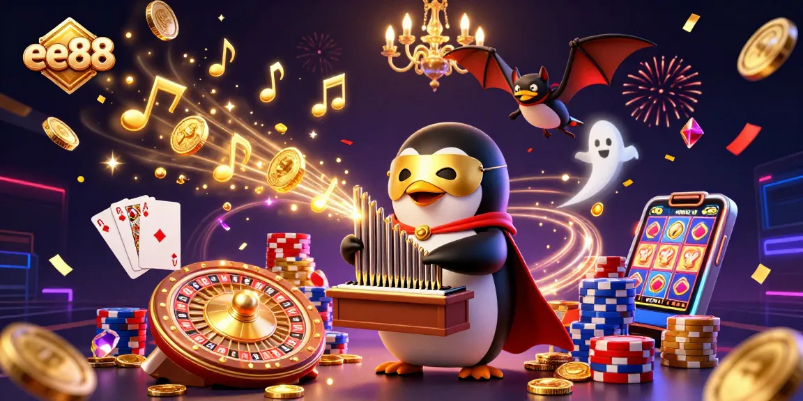 Experience the thrill of ee88 with a 3D cartoon tableau featuring a penguin organist and vibrant casino elements.