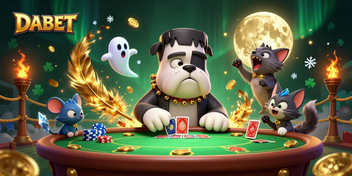 DABET showcases a lively poker scene with a whimsical Frankenstein bulldog dealing cards, enhancing player engagement and excitement.