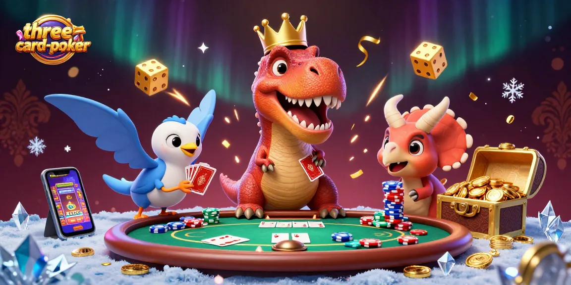 Engage in three-card-poker action as a T-Rex shuffles cards with vibrant casino elements.