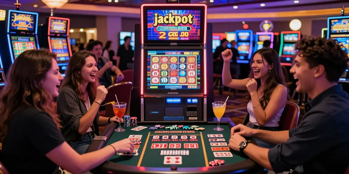 Slot gacor jackpot di kasino dengan teman-teman bersorak dan mesin slot