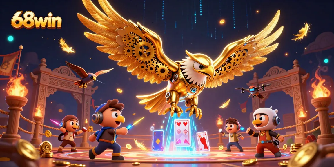Engage with 68win's vibrant casino illustration showcasing a golden eagle and holographic cards.