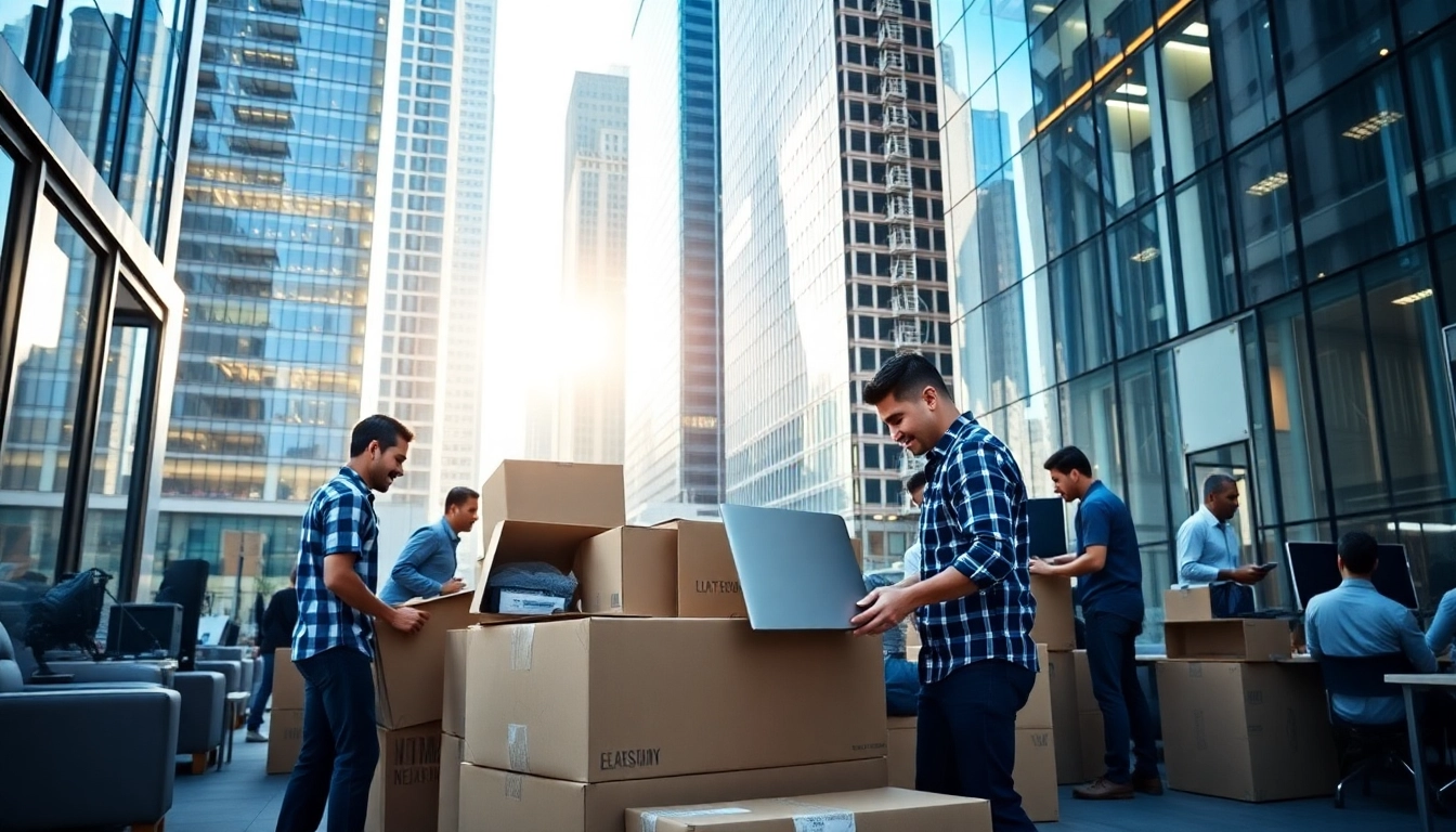 Movers executing Commercial Moving Services NYC in a vibrant office setting showcasing efficiency.