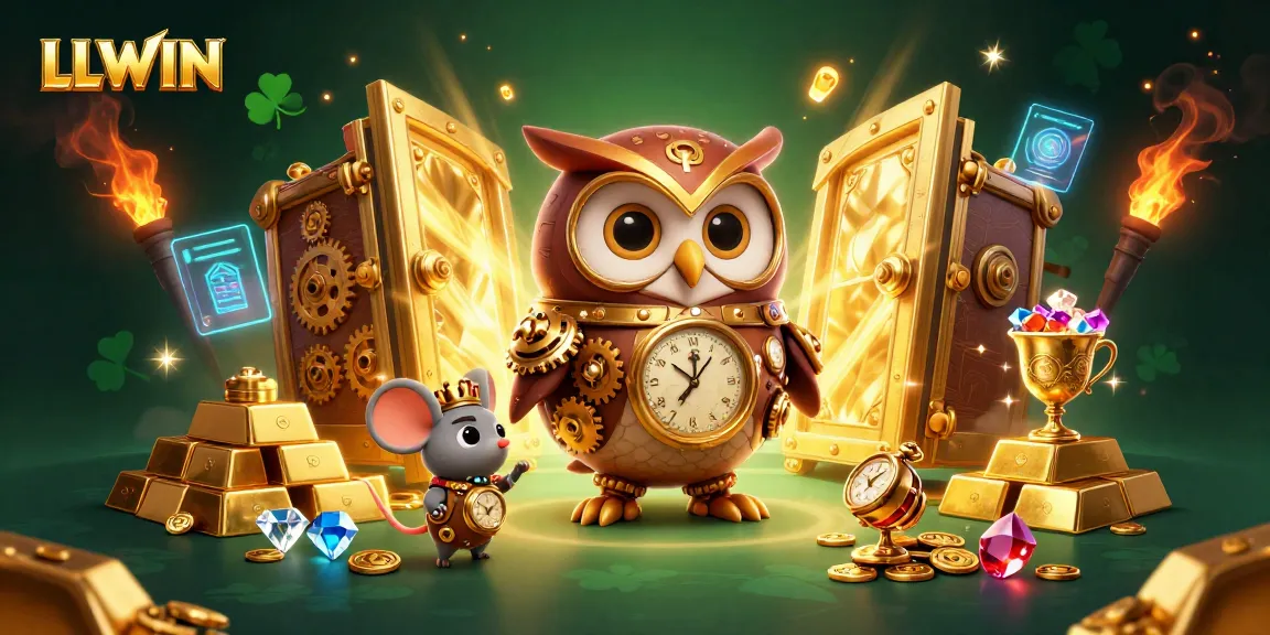 LLWIN showcases a vibrant 3D scene of a steampunk owl and mouse exploring a magical casino.