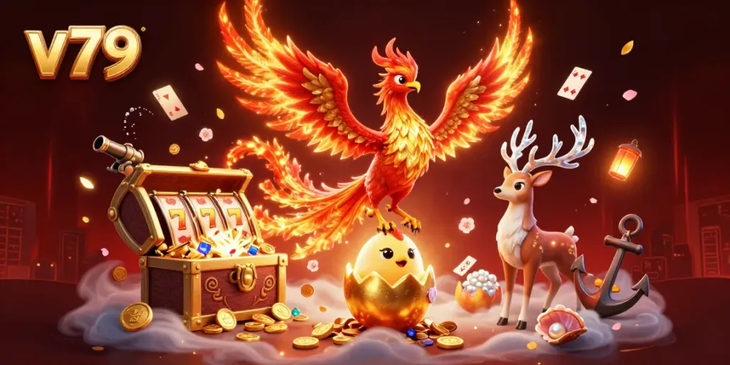 Experience v79's thrilling gaming scene with a majestic phoenix and engaging slot games.
