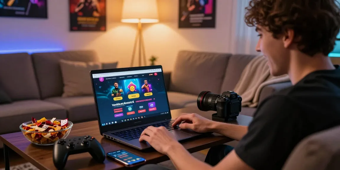 Engaging scene of a person using a 먹튀스팟 검증사이트 on a laptop, surrounded by gaming snacks and decor.