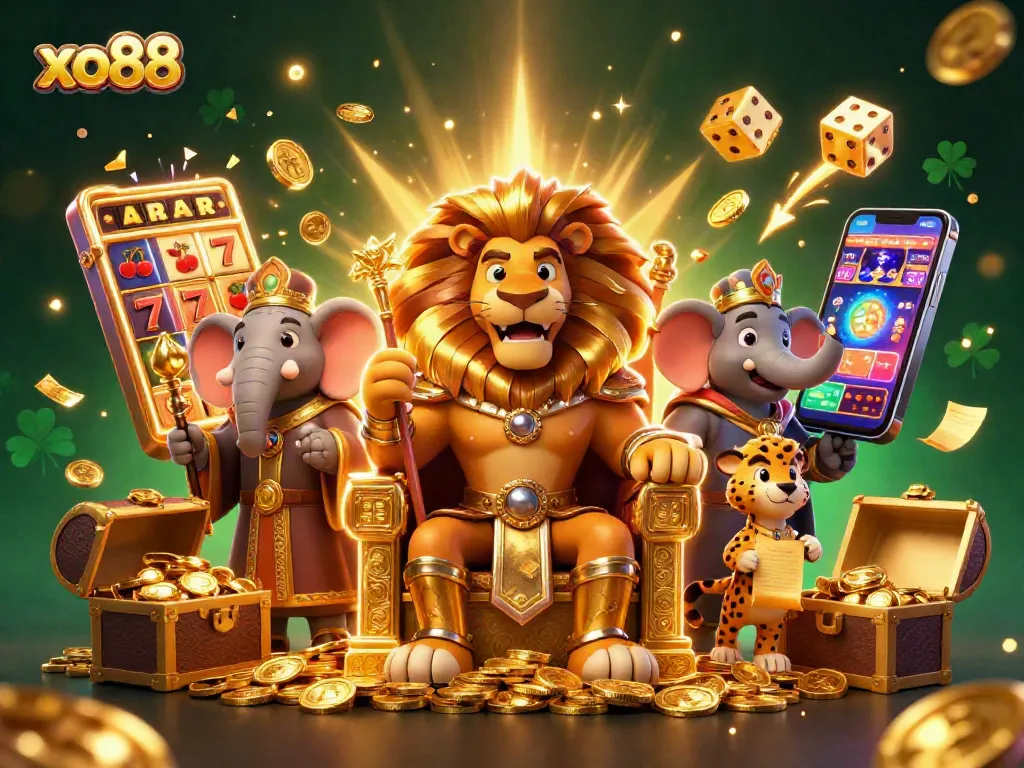 Experience the excitement of xo88 with a vivid 3D illustration featuring a lion king, elephant advisor, and cheetah messenger amidst a jackpot explosion.