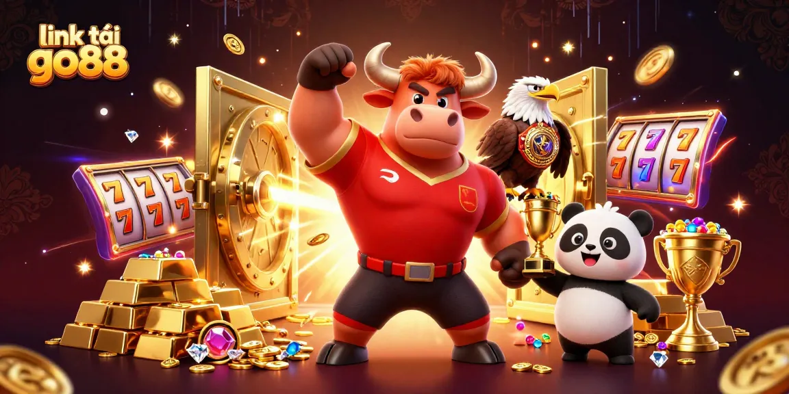 Win big with link tải go88 as a bull mascot, eagle, and panda celebrate in a vibrant casino scene.