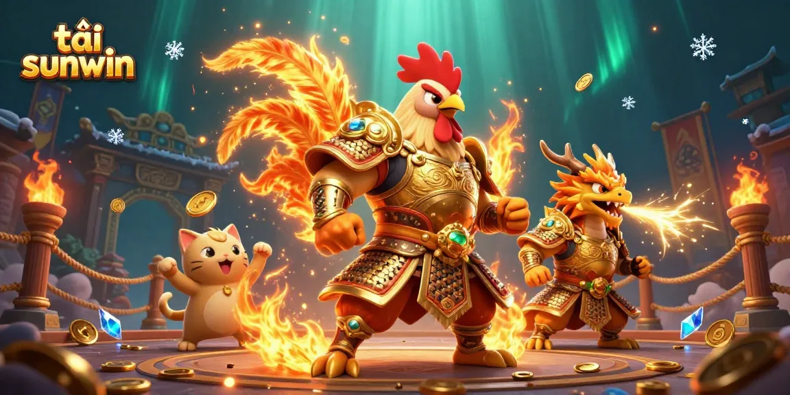 Experience thrilling gameplay with tải sunwin as the rooster warrior fights amidst golden sparks and coins.