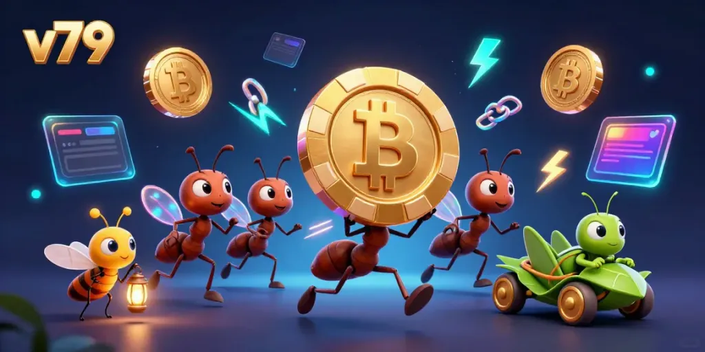 Ants in a heist carrying a giant poker chip in the v79 casino scene, filled with crypto elements.