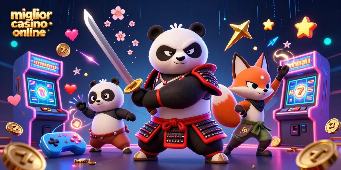 Gioca sui migliori siti di casino online con un panda samurai e un ninja volpe in un'illustrazione animata accattivante.
