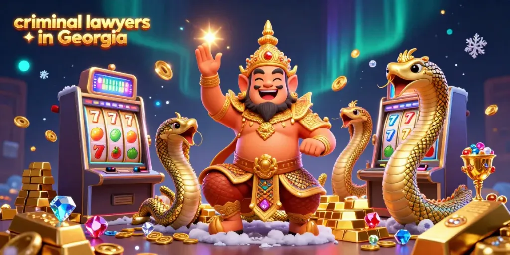 Experience thrilling moments with criminal lawyers in Georgia in a vibrant casino scene filled with slot machines, gold coins, and more.